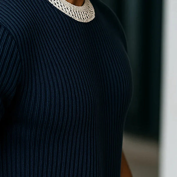 Men's Contrast Web Round Neck Knitted Short Sleeve T-Shirt