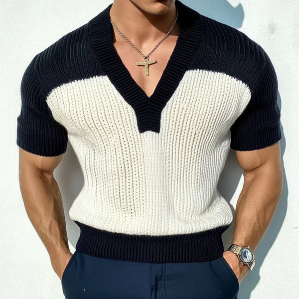 Men's Casual V-Neck Slim Fit Cotton Knitted Short Sleeve T-Shirt