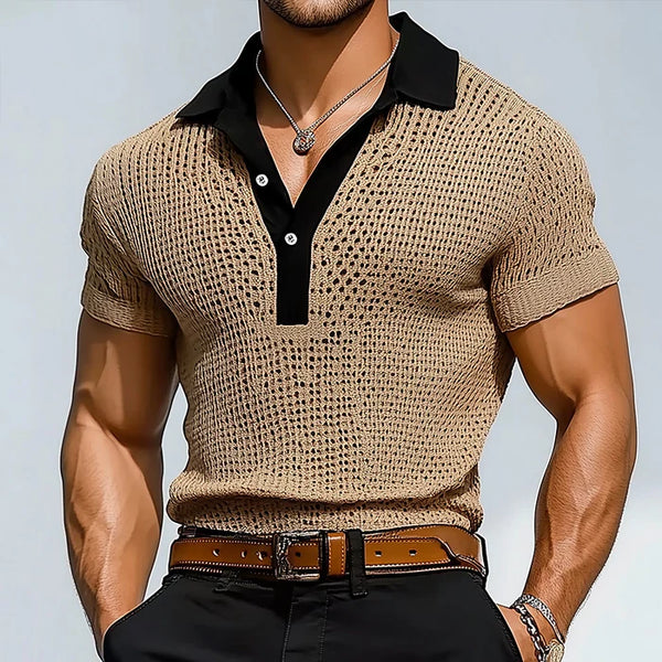 Men's Retro Hollow Knitted Patchwork Short-Sleeved Polo Shirt