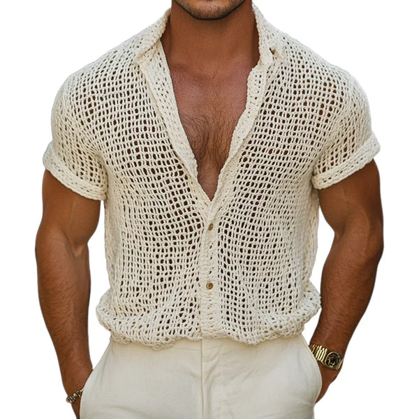 Men's Solid Color Knit Lapel Short Sleeve Casual Shirt
