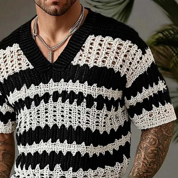MEN'S KNITTED CONTRAST COLOR V-NECK SHORT-SLEEVED SWEATER T-SHIRT