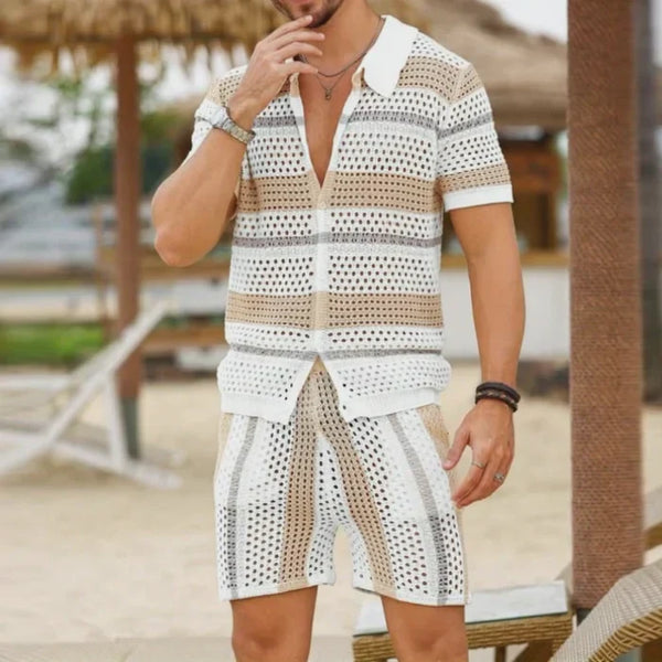 Men's Casual Lapel Single-Breasted Loose Cardigan Elastic Waist Shorts Striped Hollow Knit Set
